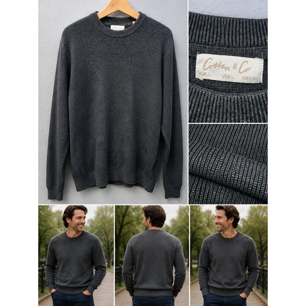 Collar & Co Crewneck Sweater Mens Large Gray Waffle Knit Pullover Preppy Soft